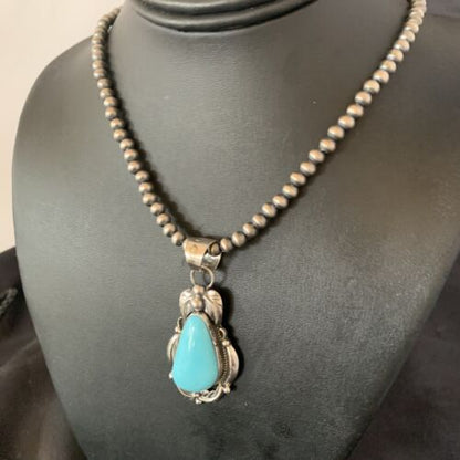 Men's Navajo Pearls Necklace with Blue Kingman Turquoise Pendant | Sterling Silver | Native American Handmade | 12592 - Masha USA