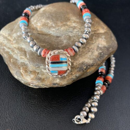 Authentic Navajo Sterling Silver Necklace | Turquoise & Onyx Multi-Color Inlay Pendant | Native American Jewelry | 13558
