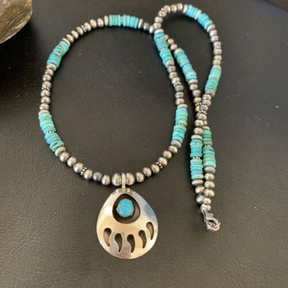 Navajo Bear Paw Pendant Necklace | Sterling Silver | Blue Turquoise | Men's | Authentic Native American Handmade | 12550