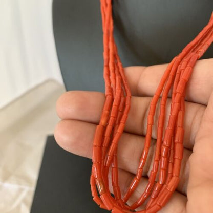 Southwestern Natural Red Coral Heishi Necklace | 5 Strand | Sterling Silver | 20" | 1217