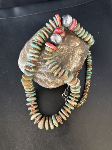 XL Green Turquoise & Red Spiny Oyster Navajo Sterling Silver Necklace | Authentic Native American | 32" | 14790