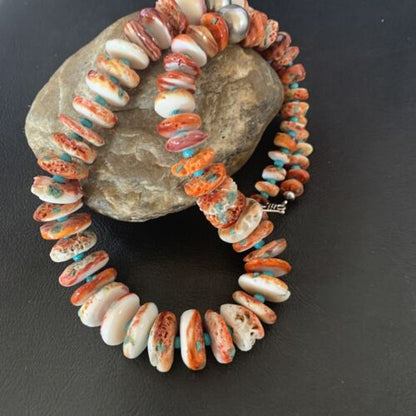 Navajo Turquoise & Red Spiny Oyster Necklace | Sterling Silver | Authentic Native American | 24" | 12734