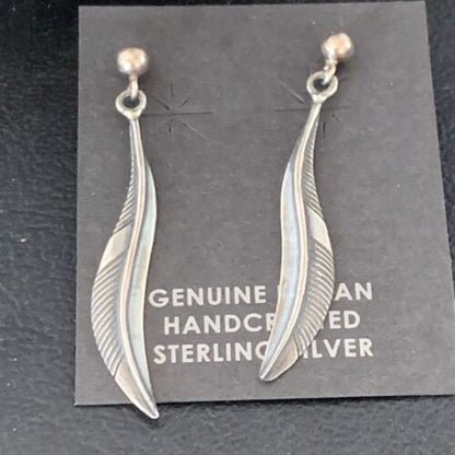 Old Pawn Southwestern Sterling Silver Dangle Feather Earrings | 1" | 12988