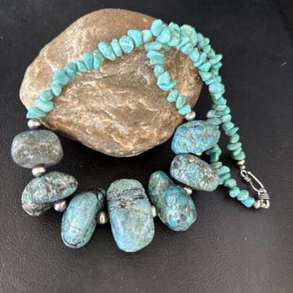 Navajo Chunky Blue Turquoise Nugget Necklace | Sterling Silver | Authentic Native American Handmade | 20" | 14415