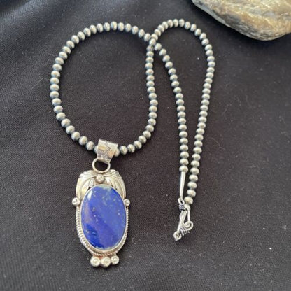 Native American Men's Navajo Pearl Pendant Necklace | Sterling Silver Blue Lapis | 01527
