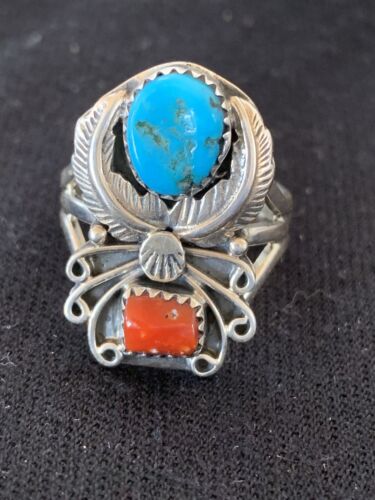 Authentic Navajo Kingman Turquoise & Coral Ring | Sterling Silver | Sz 14 | Native American Jewelry