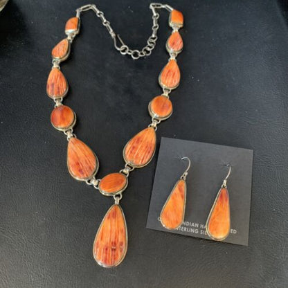 Navajo Lariat Necklace with Orange Spiny Oyster Earrings | Sterling Silver Pendant | 20" | Authentic Native American Handmade | 13882
