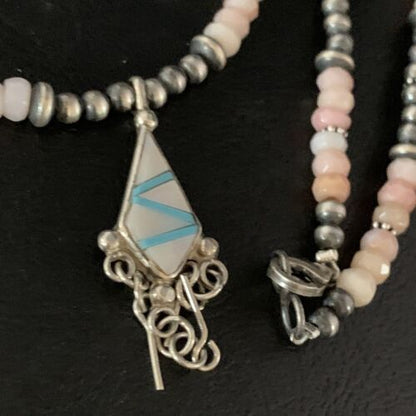 Navajo Mother of Pearl Turquoise Inlay Pendant with Pink Opal Bead Necklace | Sterling Silver | 13457