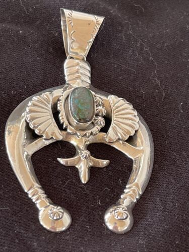 Navajo Pearls Sterling Silver Bisbee Turquoise Naja Pendant Necklace | Authentic Native American Handmade | 01058