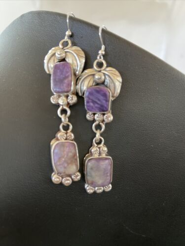 Navajo Purple Charoite Dangle Earrings | Sterling Silver | Authentic Native American Handmade | 01225
