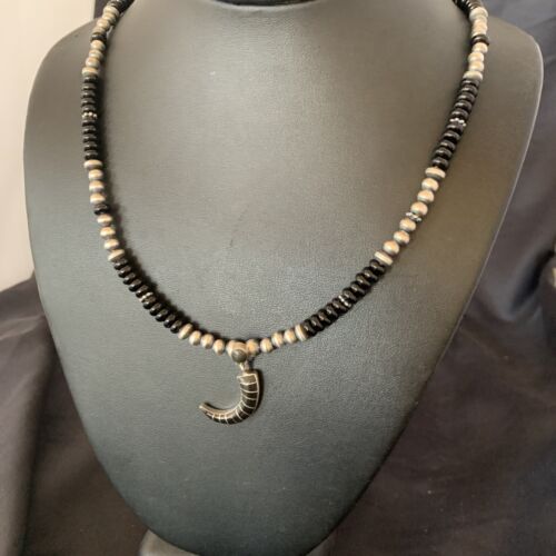 Navajo Inlay Pendant | Sterling Silver Black Onyx Necklace | Authentic Native American Handmade | 12281