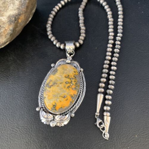 Navajo Bumblebee Jasper Pendant Necklace | Sterling Silver | Authentic Native American Handmade | 14202
