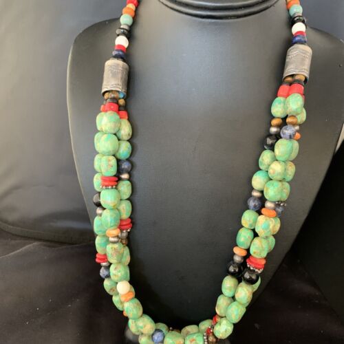 Multi-Color Green Turquoise Spiny Lapis Necklace | 3-Strand Sterling Silver | 13953