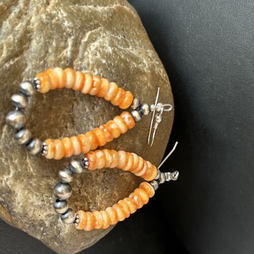 Navajo Orange Spiny Oyster Bead Earrings | Sterling Silver | Authentic Native American Handmade | 14294