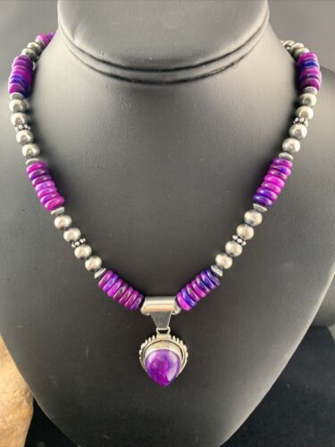 Women's Navajo Necklace with Purple Sugilite Pendant | Sterling Silver | Authentic Native American Handmade | 1628