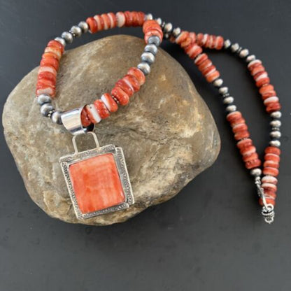 Navajo Pearls Necklace with Red Spiny Oyster Pendant | Sterling Silver | Authentic Native American Handmade | 11324