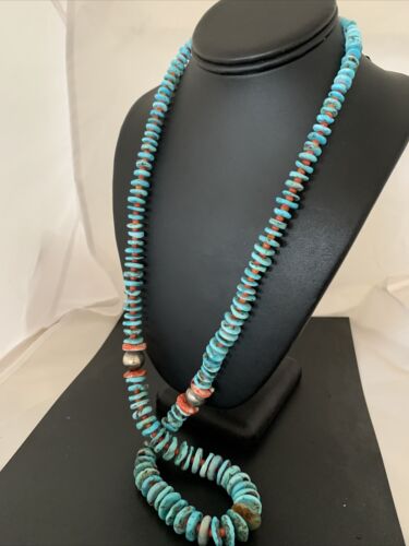 Authentic Native American Navajo Sterling Silver Necklace | Blue Turquoise & Spiny Oyster | 32" | 01672