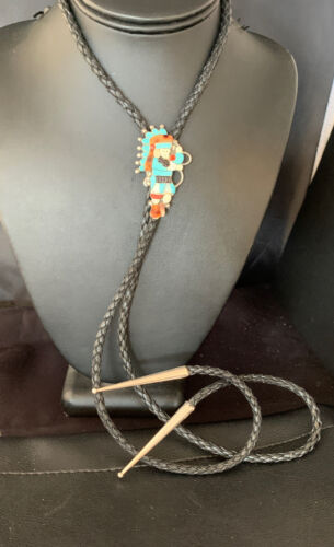 Men's Bolo Tie | Zuni Kachina | Blue Kingman Turquoise & Coral | Sterling Silver | 13672