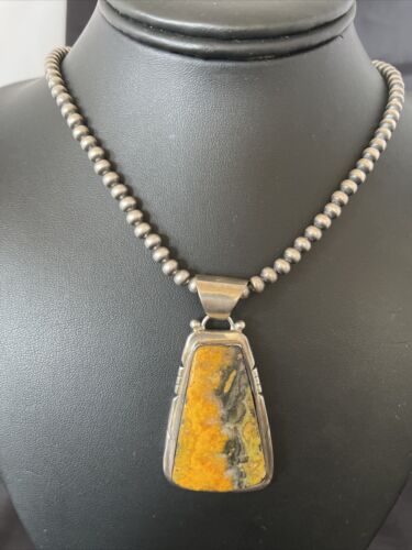 Men's Navajo Pearls Necklace with Bumblebee Jasper Pendant | Sterling Silver | Native American Handmade | 10554