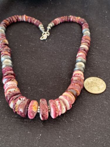 Purple Spiny Oyster Pendant with Sterling Silver Navajo Pearls Necklace | Graduated | Authentic Native American | 17" | 13812
