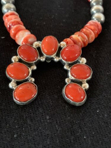 Navajo Spiny Oyster & Coral Naja Pendant | Authentic Native American Sterling Silver | Naja | 4682