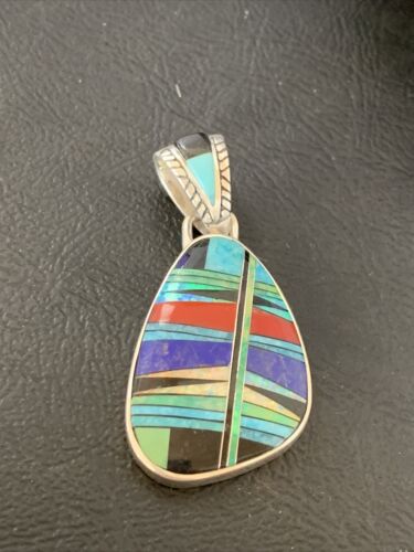Navajo Multi-Color Turquoise Coral Opal Inlay Pendant | Sterling Silver | Native American Handmade | 12492 - Masha USA