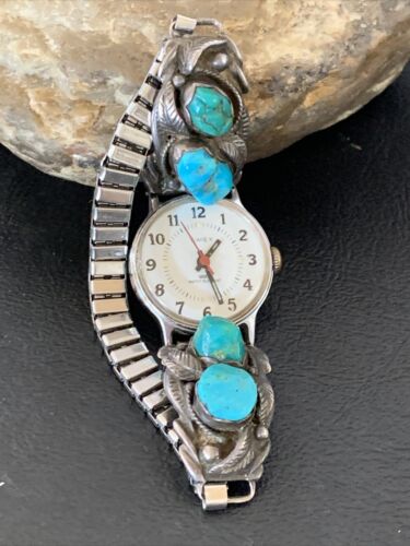 Navajo Women's Sterling Silver Watch Tips with Blue Turquoise Band | Authentic Native American Jewelry | Old Pawn | 12140