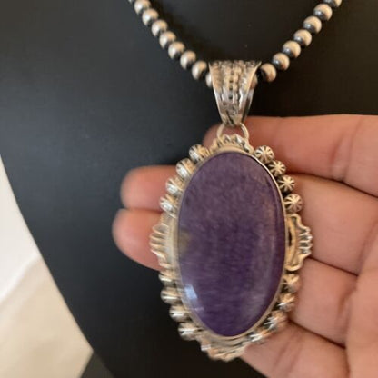 Southwestern Navajo Necklace | Sterling Silver Purple Charoite Pendant | Authentic Native American Handmade | 1353