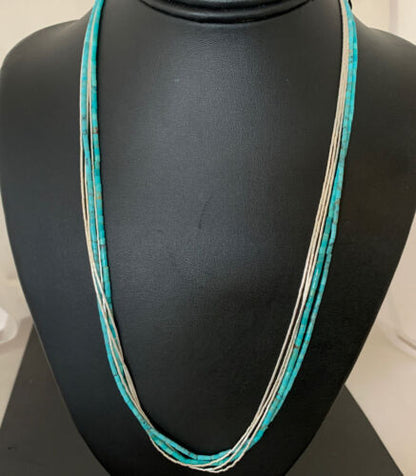 Navajo Turquoise Tube Beads | Liquid Silver Heishi | 5-Strand Sterling Silver Necklace 21" | 2178