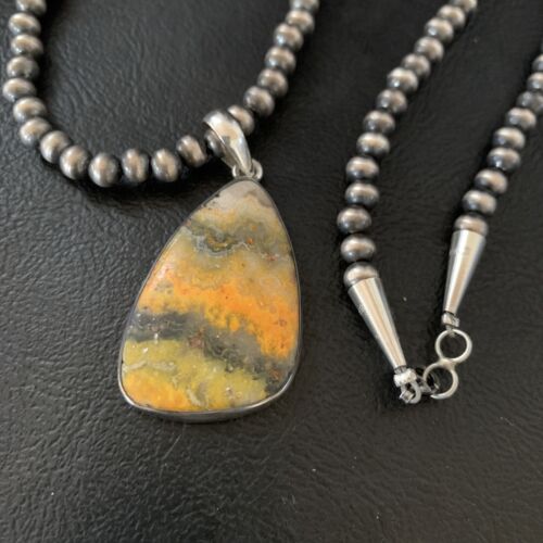 Navajo Yellow Bumblebee Jasper Pendant Necklace | Sterling Silver | Authentic Native American Handmade | 12806