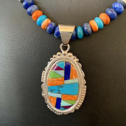 Navajo Spiny Oyster Turquoise Pendant Necklace | Sterling Silver | 21" | Authentic Native American Handmade | 11363 - Masha USA