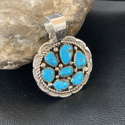 Navajo Blue Turquoise and Multi-Stone Round Cluster Pendant | Authentic Native American Sterling Silver | 2" | 02096