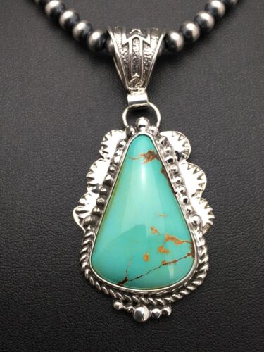 Men's Royston Turquoise Pendant | Sterling Silver Navajo Pearl Necklace | Authentic Native American Handmade | 2525