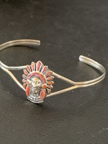 Native American Indian Head Coral Cuff Bracelet | Sterling Silver | Authentic Handmade | 1691 - Masha USA