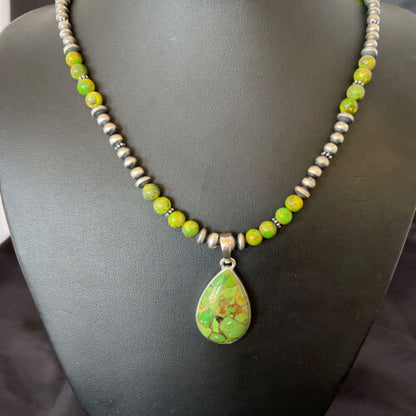 Women's Navajo Pearl Necklace with Green Mojave Turquoise Pendant | Sterling Silver | Native American Handmade | 10581