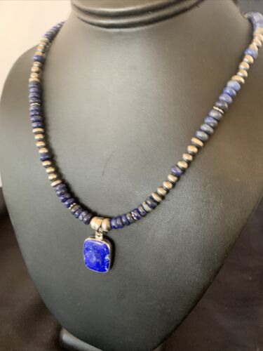 Native American Navajo Blue Lapis Pendant Necklace | Sterling Silver | Authentic Handmade | 12250 - Masha USA