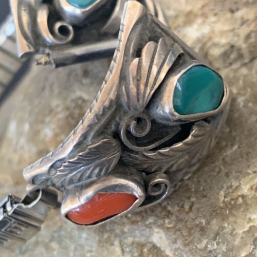 Navajo Sterling Silver Watch Tips | Old Pawn Turquoise & Coral Band | Authentic Native American Jewelry | 11931