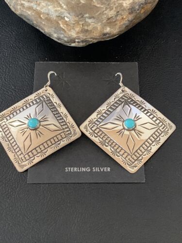 Navajo Blue Turquoise Earrings | Stamped Sterling Silver | Authentic Native American Handmade | 13324