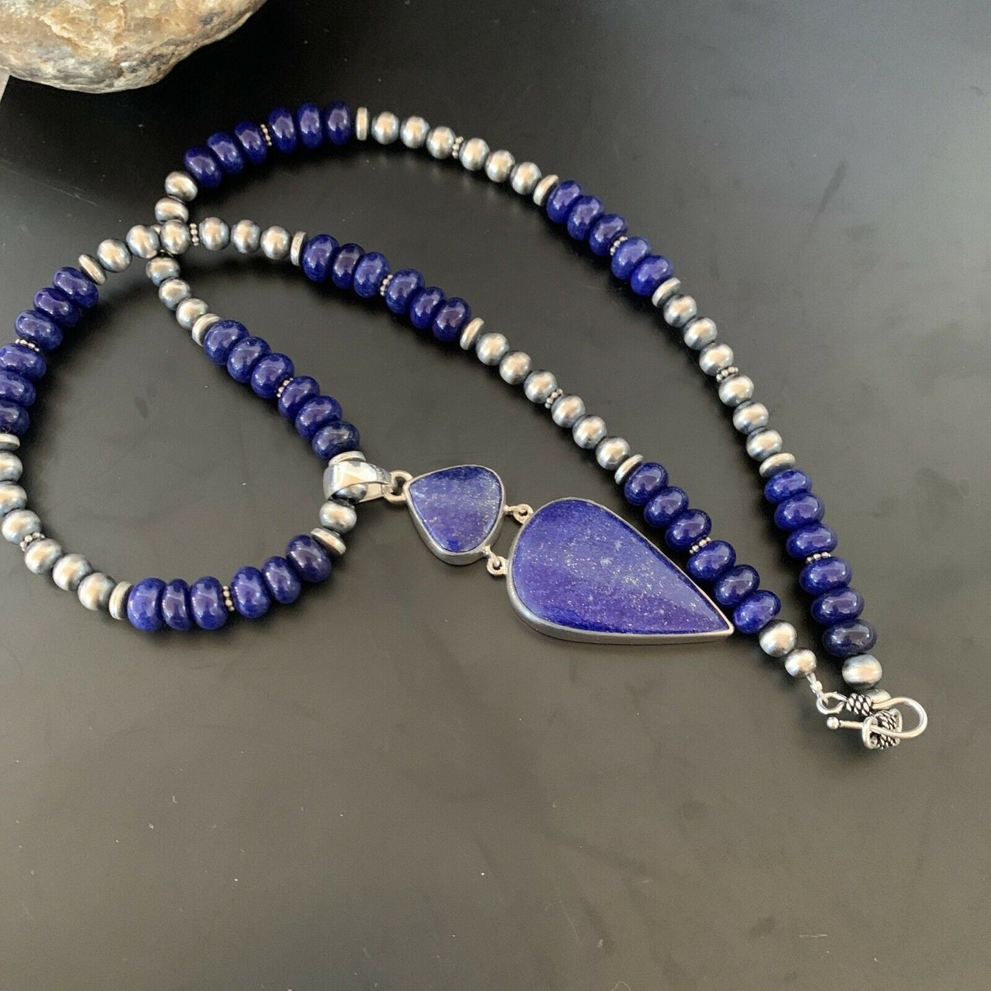 Navajo Sterling Silver Beads Necklace with Lapis Lazuli Pendant | 8mm | Authentic Native American Handmade | 11365