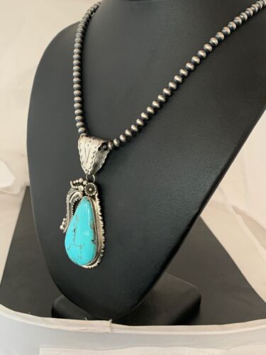 Men's Kingman Turquoise Pendant | Navajo Pearls Sterling Silver Necklace | Authentic Native American Handmade | 4299