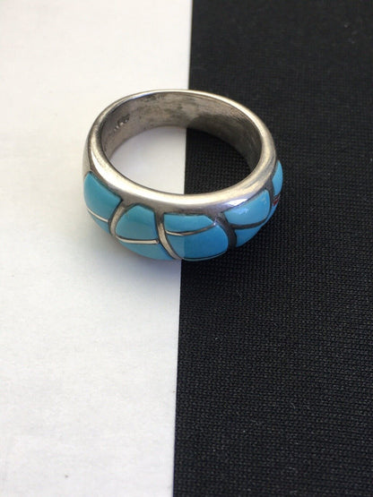 Navajo Kingman Turquoise Corn Inlay Ring | Sterling Silver | Sz 7.5 | 01619