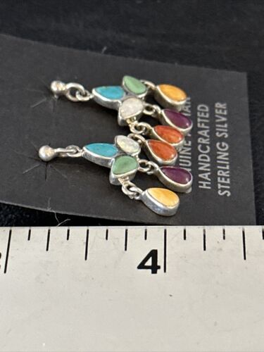 Navajo Multi-Color Turquoise Spiny Opal Inlay Sterling Earrings 1" | Handmade | 14410