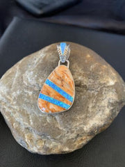Men's Navajo Orange Spiny Oyster Blue Opal Inlay Pendant | Sterling Silver | Native American Handmade | 12487
