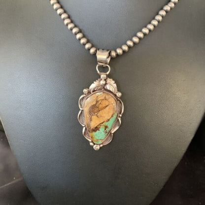 Men's Navajo Green Boulder Turquoise Pendant Necklace | Sterling Silver | Authentic Native American Handmade | 13660