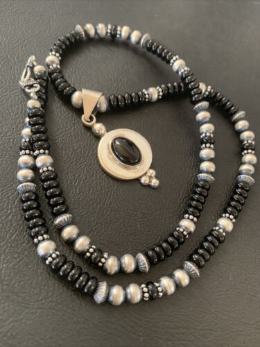 Navajo Pearls Black Onyx Bead Necklace | Sterling Silver | Authentic Native American Handmade | 2085