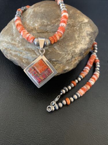 Navajo Pearls Red Spiny Oyster Opal Inlay Pendant Necklace | Sterling Silver | 22" | 12705