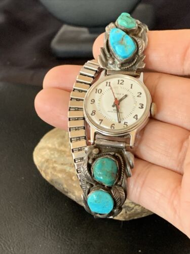 Navajo Women's Sterling Silver Watch Tips with Blue Turquoise Band | Authentic Native American Jewelry | Old Pawn | 12140