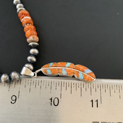 Navajo Pearl Sterling Silver Necklace | Orange Spiny Oyster Opal Leaf Inlay Pendant | Native American Handmade | 11347