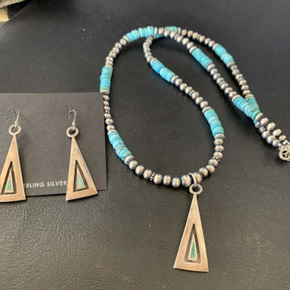 Navajo Blue Turquoise Pendant Earrings Set | Authentic Native American Sterling Silver Necklace | Handmade | 12618 - Masha USA