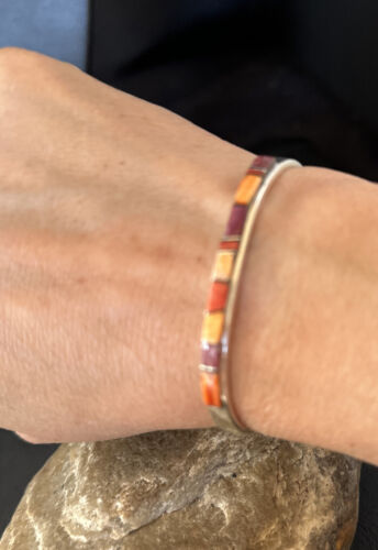 Purple Red Orange Spiny Oyster Inlay Cuff Bracelet | Navajo Sterling Silver | Handmade Jewelry 14393